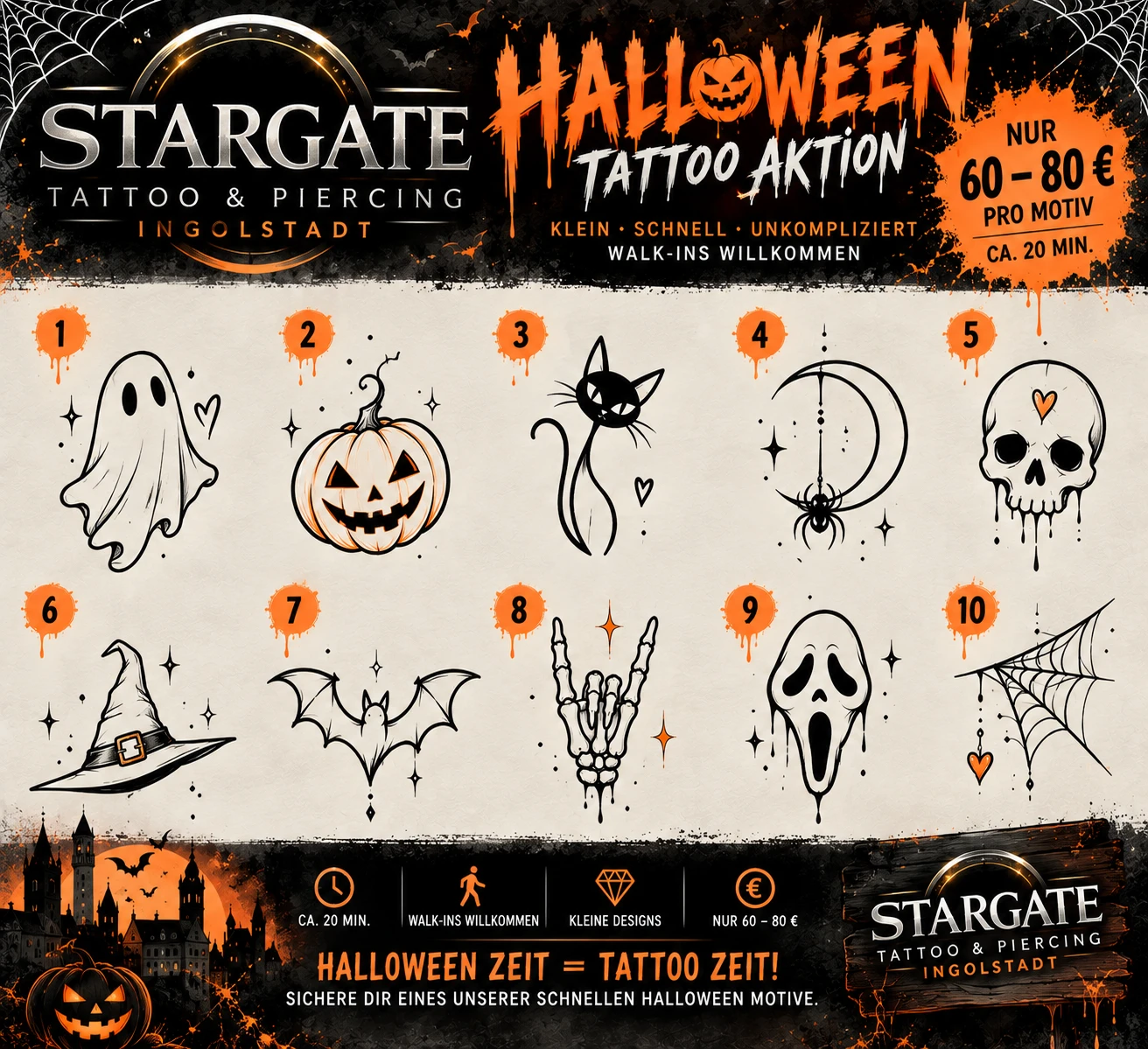 Halloween Tattoo Aktion bei Stargate Ingolstadt: 10 kleine Halloween-Motive wie Geist, Kürbis, Katze, Fledermaus, Totenkopf — nur 60 bis 80 Euro pro Motiv, Walk-ins willkommen, ca. 20 Minuten